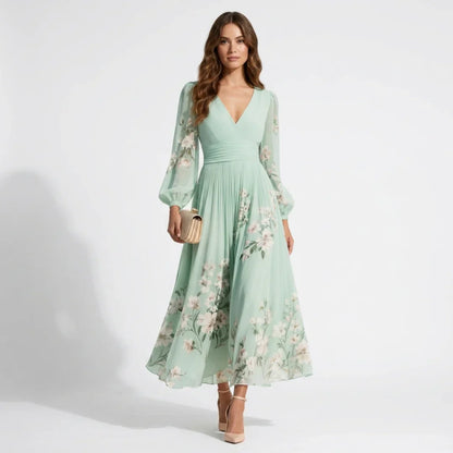 Florveil — Vestido Maxi Largo de Manga Larga con Pliegues Florales y Escote en V