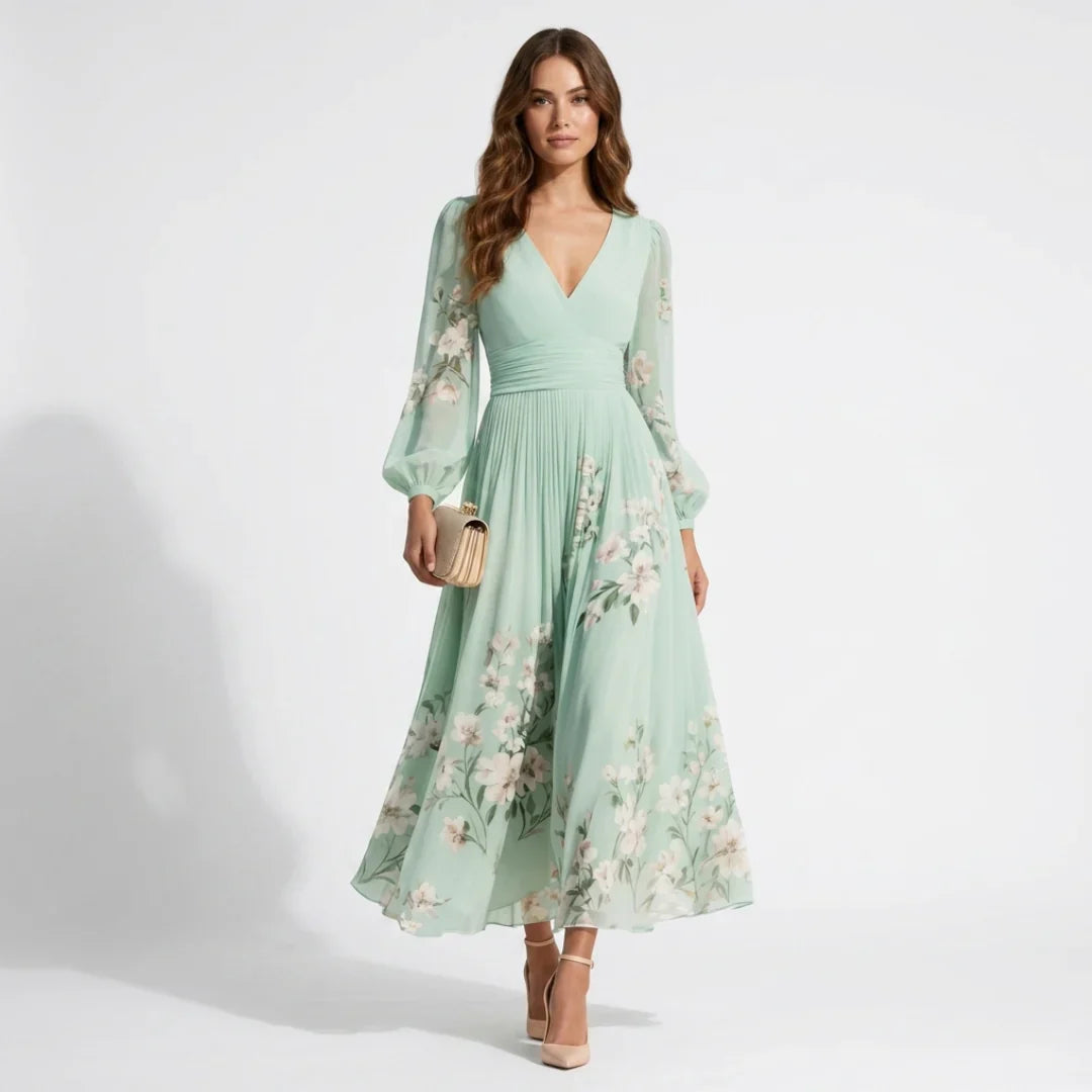 Florenne — Vestido Largo de Manga Larga Plisado para Mujeres