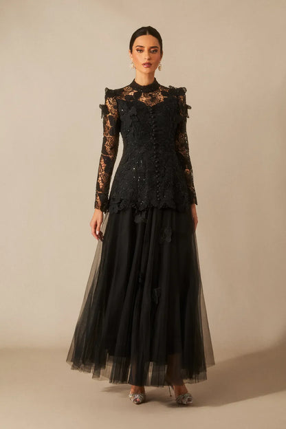 Elizabeth - Vestido Maxi Formal de Encaje Bordado con Mariposas