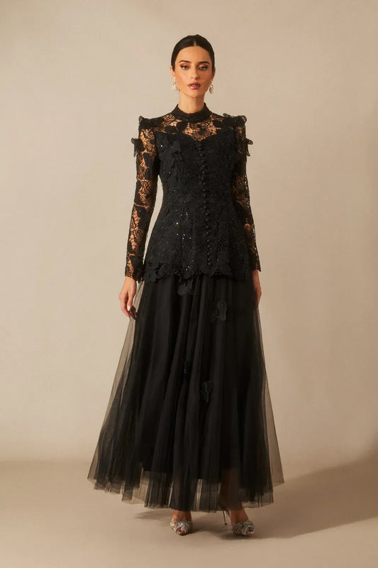 Elizabeth - Vestido Maxi Formal de Encaje Bordado con Mariposas