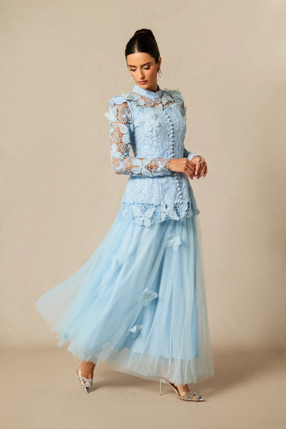 Elizabeth - Vestido Maxi Formal de Encaje Bordado con Mariposas