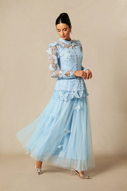 Elizabeth - Vestido Maxi Formal de Encaje Bordado con Mariposas