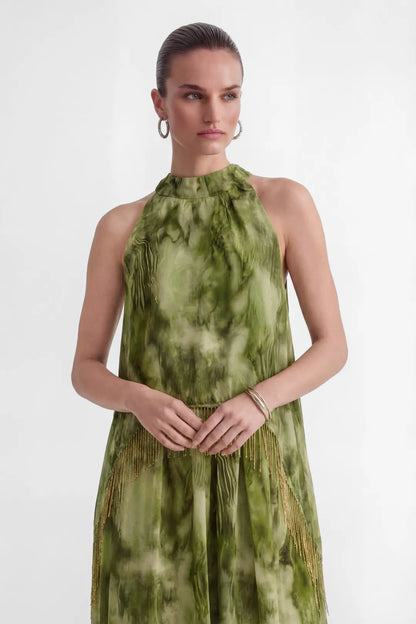 Verdène — Vestido Maxi con Cuello Halter y Flecos