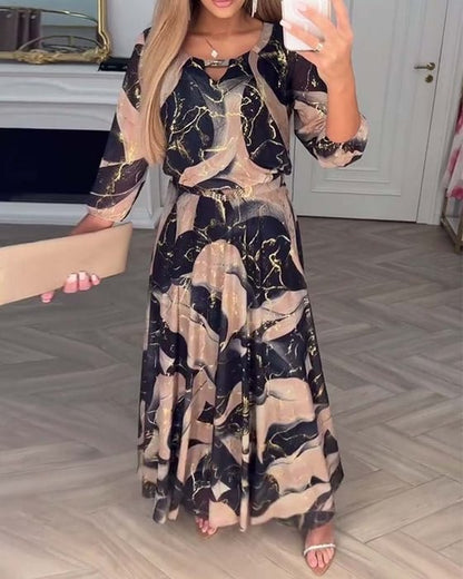 Vestido elegante de gasa - Estampado Maxi con mangas tres cuartos