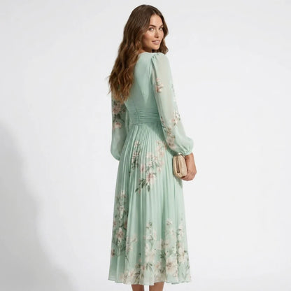 Florveil — Vestido Maxi Largo de Manga Larga con Pliegues Florales y Escote en V