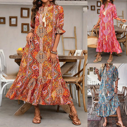 Étnico — Vestido Flowy de Verano con Escote en V