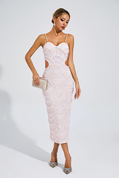 Vestido Midi Beige con Perlas