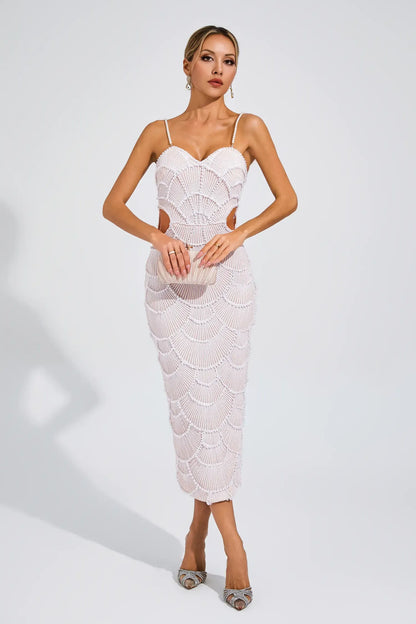 Vestido Midi Beige con Perlas