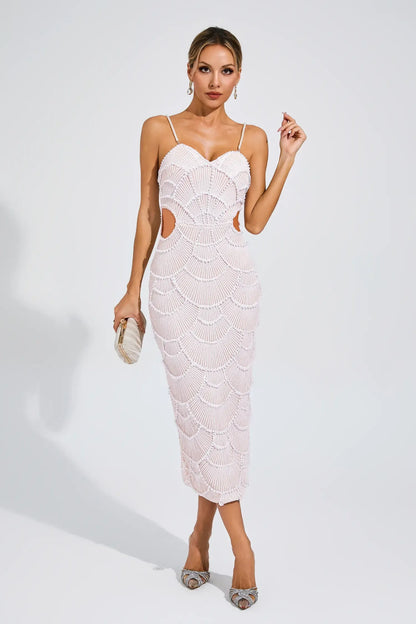 Vestido Midi Beige con Perlas