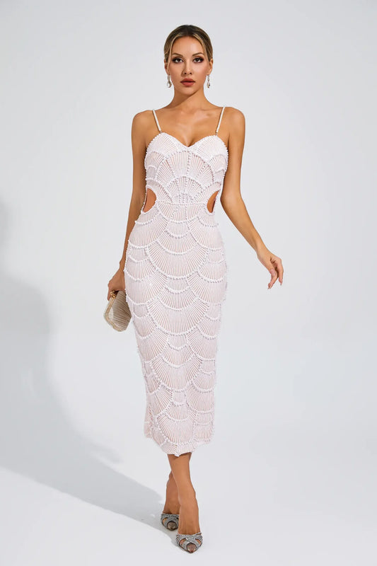 Vestido Midi Beige con Perlas