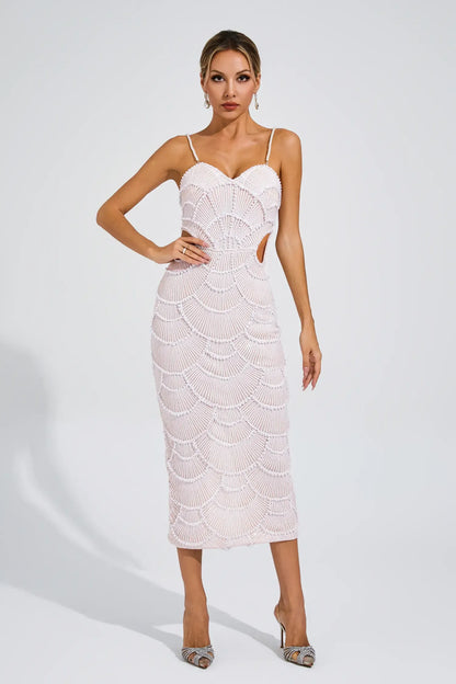 Vestido Midi Beige con Perlas