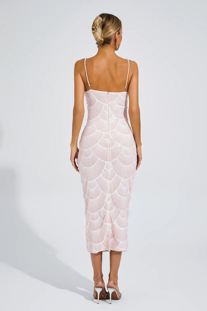 Vestido Midi Beige con Perlas