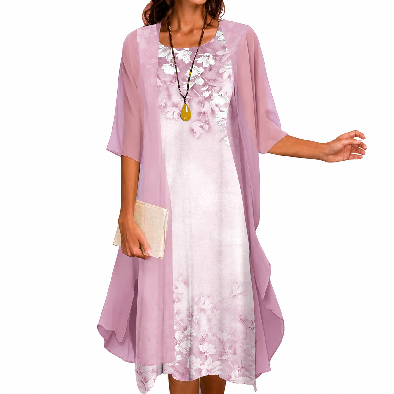 Shuovè — Conjunto de vestido midi de dos piezas de chiffon floral