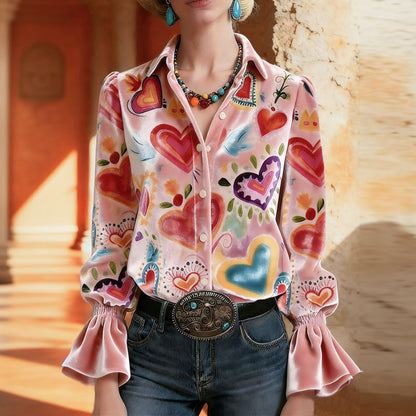 ZARELIA - Estilosa Blusa de Manga Larga con Estampado de Corazones