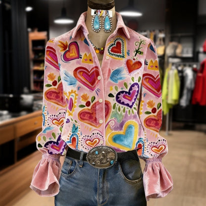 ZARELIA - Estilosa Blusa de Manga Larga con Estampado de Corazones