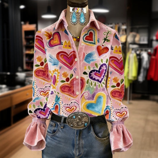 ZARELIA - Estilosa Blusa de Manga Larga con Estampado de Corazones