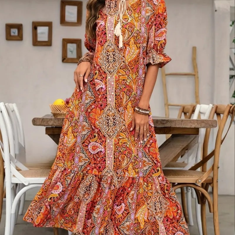 Étnico — Vestido Flowy de Verano con Escote en V