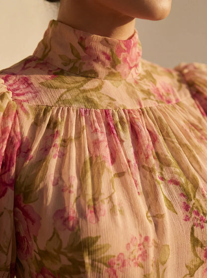 Rosario — Vestido Maxi de Chifón Floral con Mangas Abullonadas