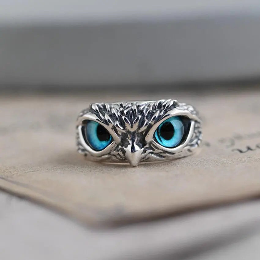 Adjustable Silver Owl Ring - Unique Opal Jewelry