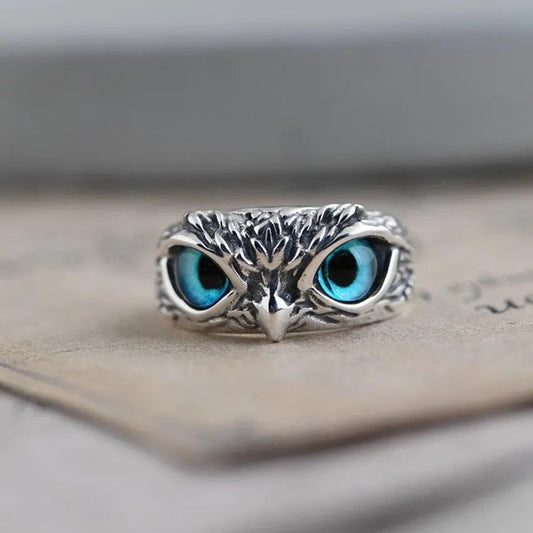 Adjustable Silver Owl Ring - Unique Opal Jewelry
