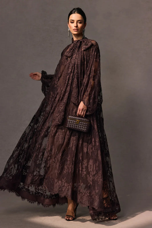 Éclore — Vestido Largo de Encaje Floral Transparente de Manga Larga