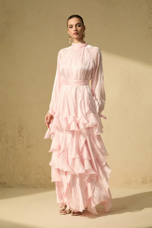 Estella- Vestido Maxi Blanco con Mangas Abullonadas y Volantes