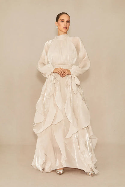 Estella- Vestido Maxi Blanco con Mangas Abullonadas y Volantes