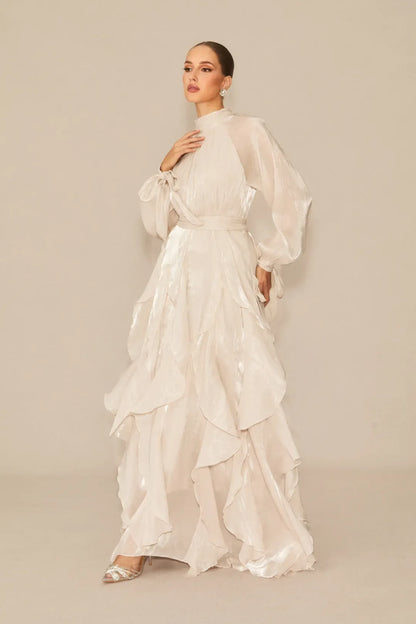 Estella- Vestido Maxi Blanco con Mangas Abullonadas y Volantes