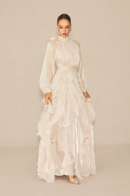 Estella- Vestido Maxi Blanco con Mangas Abullonadas y Volantes