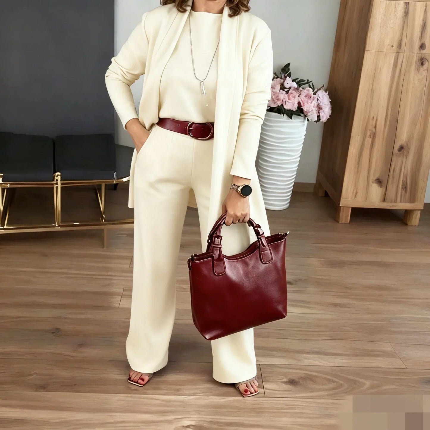 Conjunto Elegante de 3 Piezas - Cómodo Cárdigan Largo, Top y Pantalones