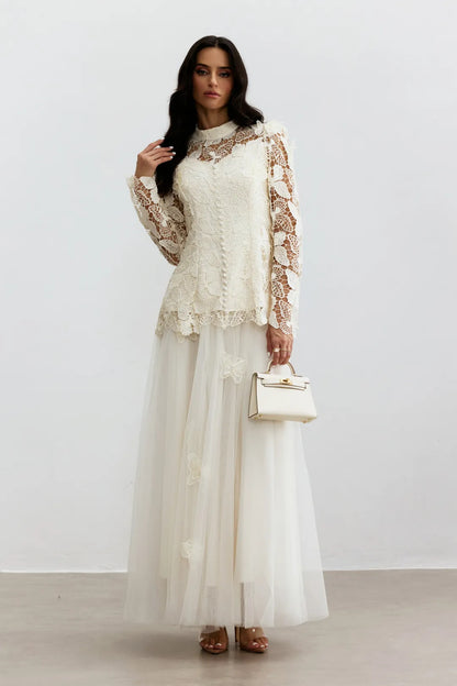 Elizabeth - Vestido Maxi Formal de Encaje Bordado con Mariposas