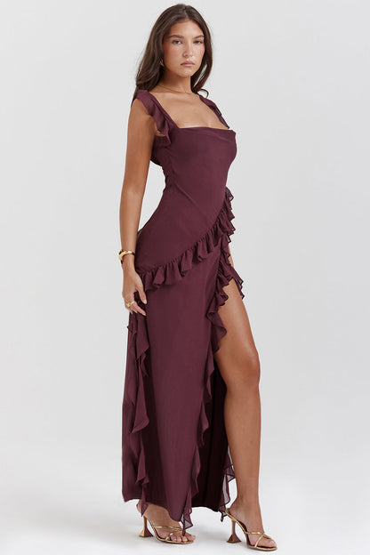 Amira — Vestido Maxi con Volantes y Cintura Alta en Ciruela