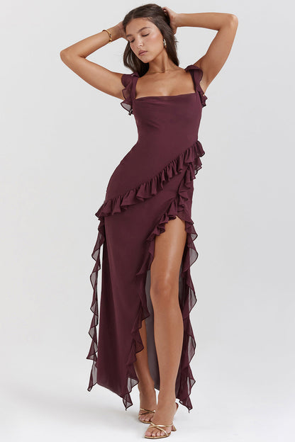 Amira — Vestido Maxi con Volantes y Cintura Alta en Ciruela