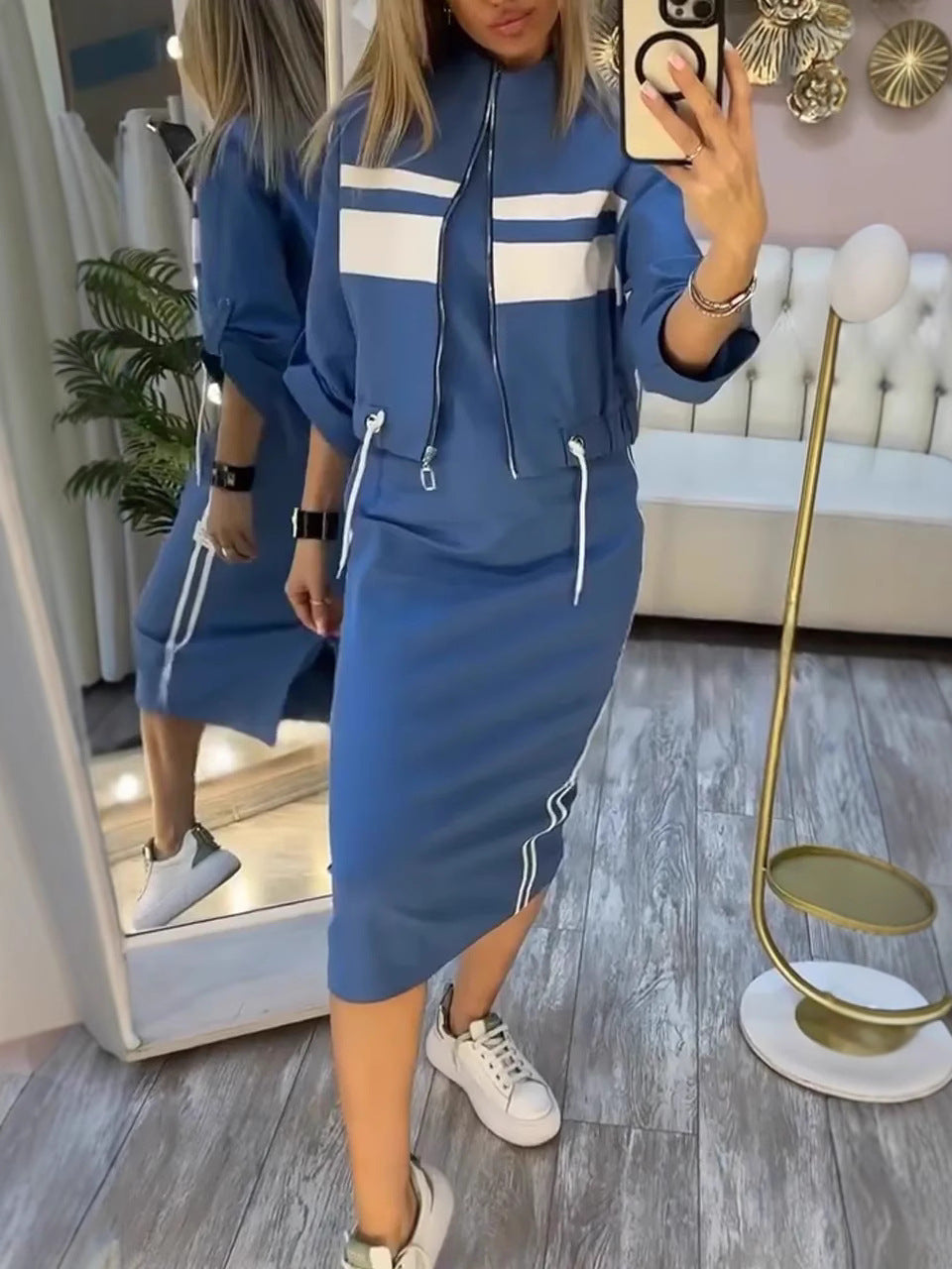 Conjunto de Chaqueta y Vestido para Mujer con Cuello Alto - Elegante