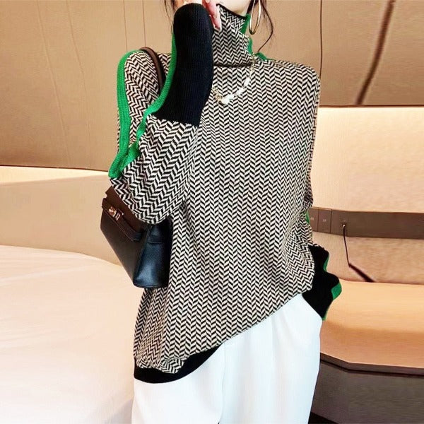 Clemence - Suave Suéter de Cuello Alto con Rayas Contrastantes
