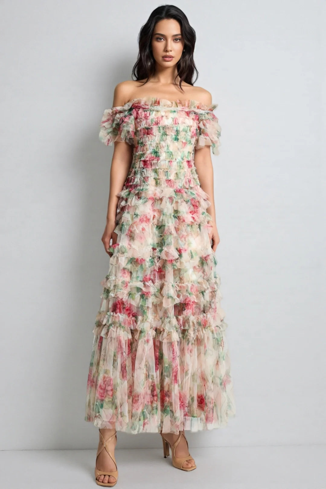 Vestido Maxi Sin Mangas de Malla Floral Sina