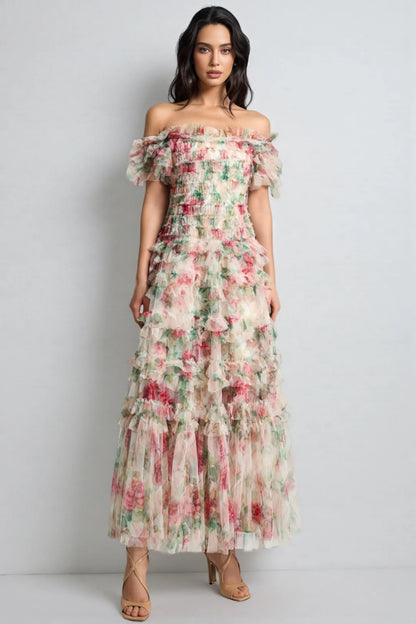 Vestido Maxi Sin Mangas de Malla Floral Sina