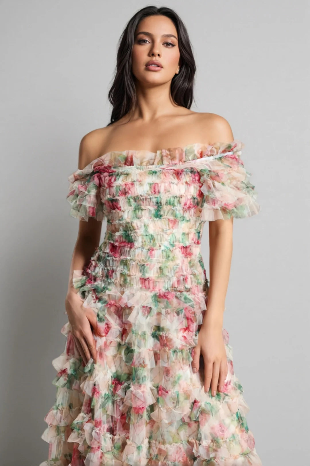 Vestido Maxi Sin Mangas de Malla Floral Sina