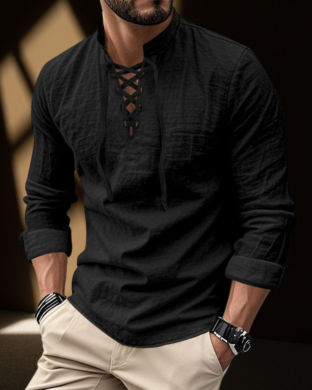 Camisa de Cuello en V con Cordones Renacentista