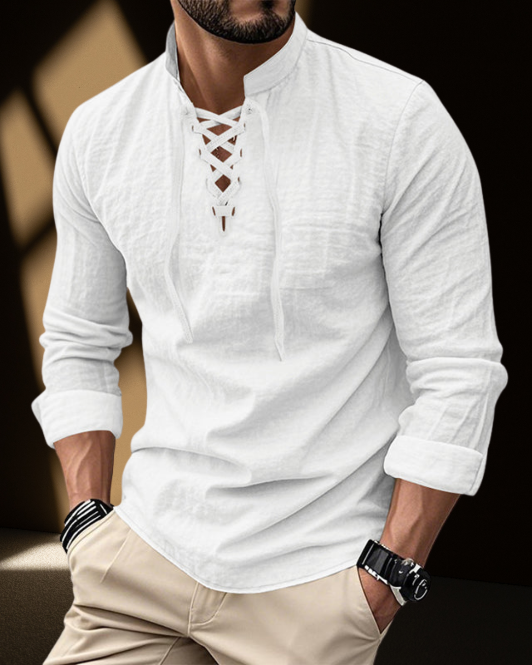 Camisa de Cuello en V con Cordones Renacentista