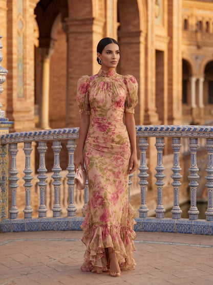 Rosario — Vestido Maxi de Chifón Floral con Mangas Abullonadas