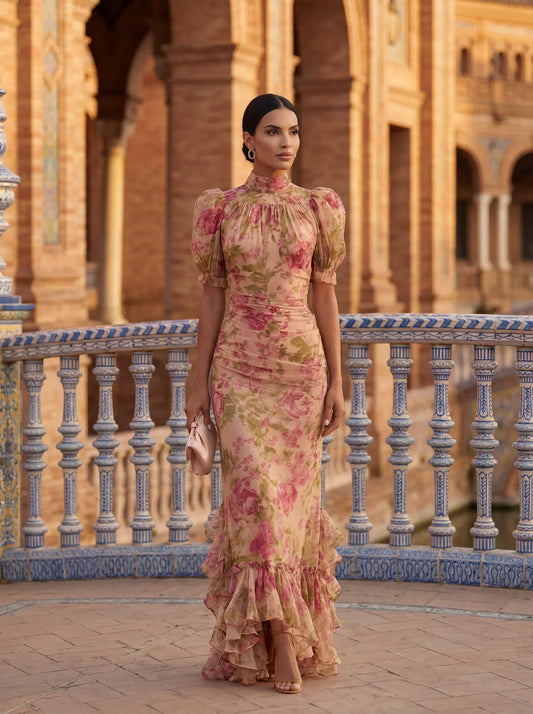 Rosario — Vestido Maxi de Chifón Floral con Mangas Abullonadas