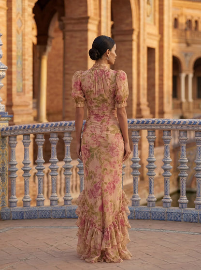 Rosario — Vestido Maxi de Chifón Floral con Mangas Abullonadas
