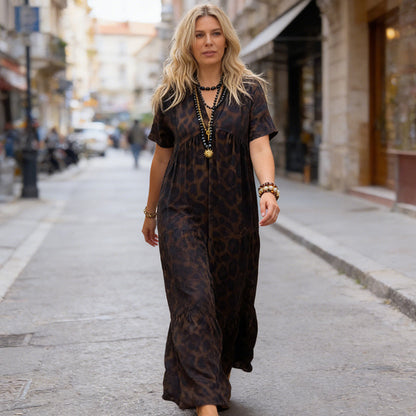 Sauvage — Vestido Maxi con Escote en V y Estampado Leopardo Drapeado