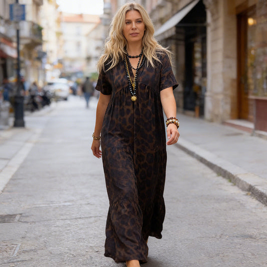 Sauvage — Vestido Maxi con Escote en V y Estampado Leopardo Drapeado