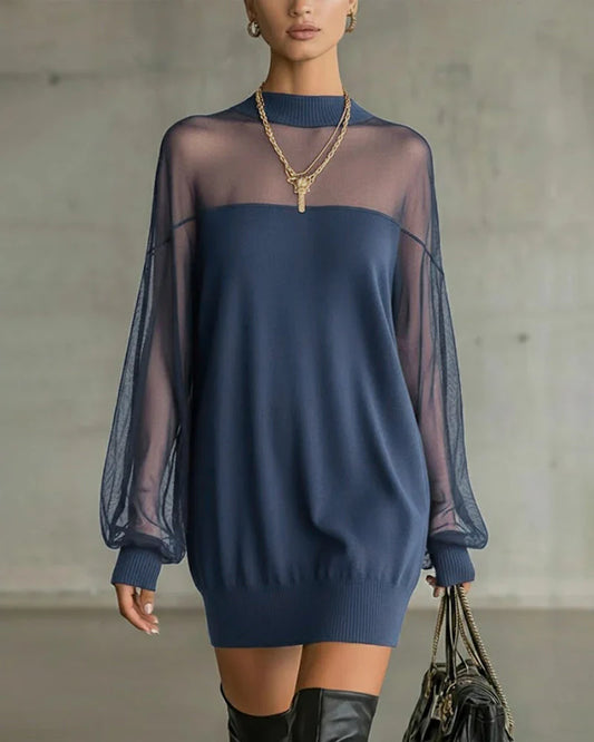 Clarève - Vestido Sólido de Patchwork con Mangas de Linterna