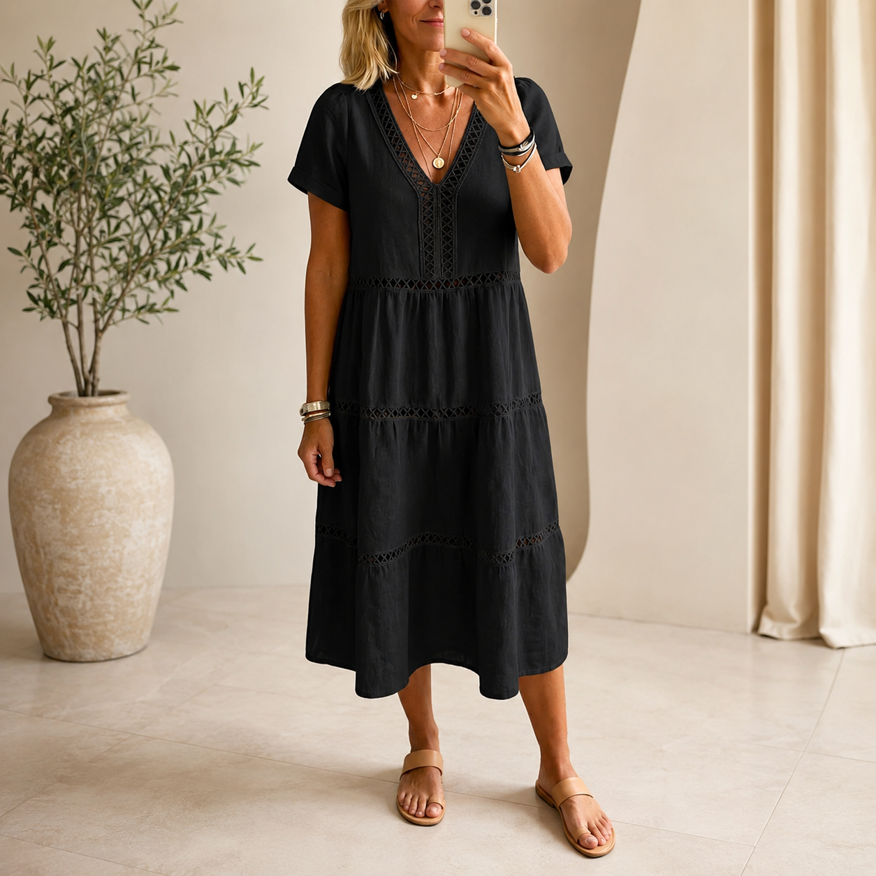 Velorie — Vestido Midi de Encaje con Escote en V