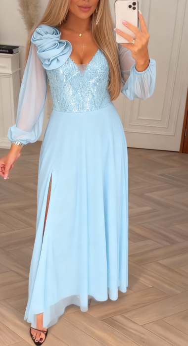Vestido Elegante - Duradero Vestido con Mangas de Encaje, Lentejuelas y Adornos Florales