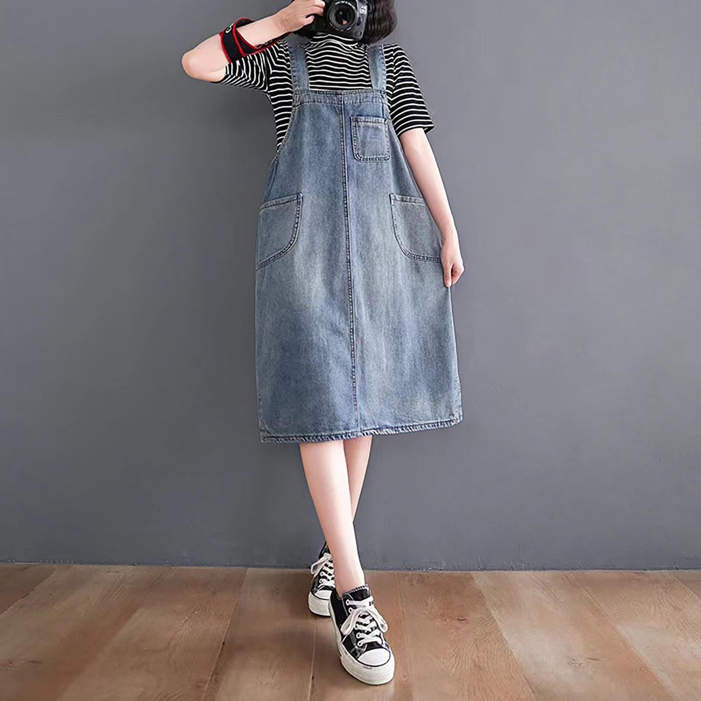 Deniève — Vestido de Peto de Denim de Largo Completo