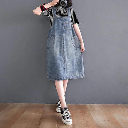 Deniève — Vestido de Peto de Denim de Largo Completo
